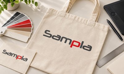 Torba bawełniana z logo Sampla, wzornik Pantone i tablet graficzny do projektowania nadruku